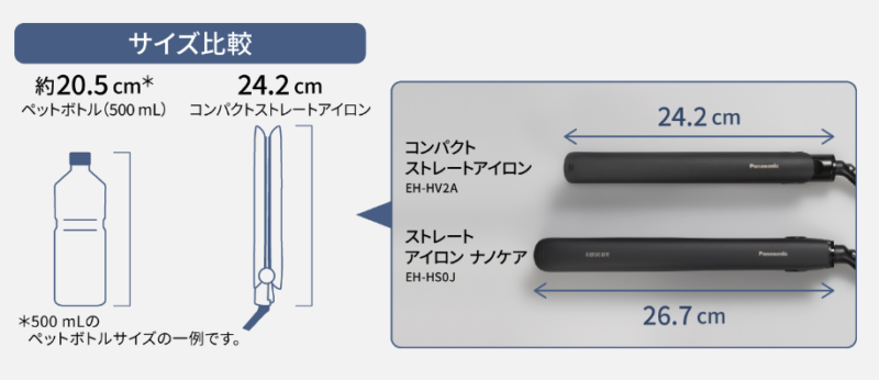 パナソニックヘアアイロン「EH-HV2A」「EH-HV1A」サイズ比較